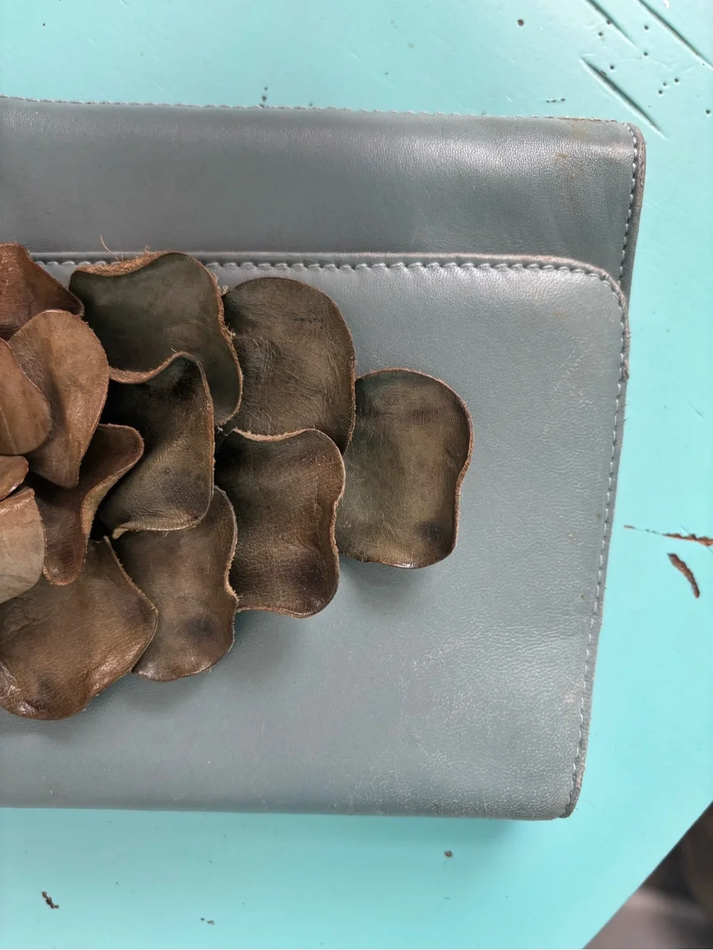 Paolo Masi Leather Slate Blue Clutch Wristlet Flower Applique Magnetic Closure